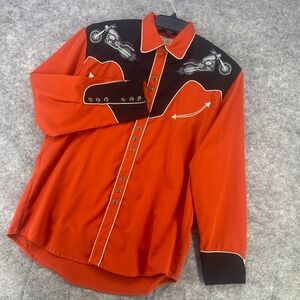 Scully Western Shirt Men M Orange Embroidered Motorcycle Pearl Snap Smile pocket